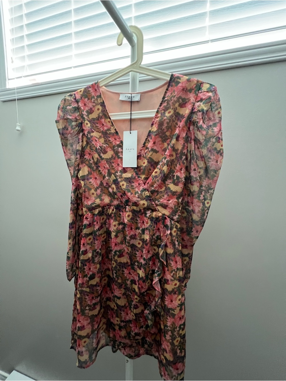 AXARA PARIS— Floral Wrap Mini Dress in Pink and Yellow